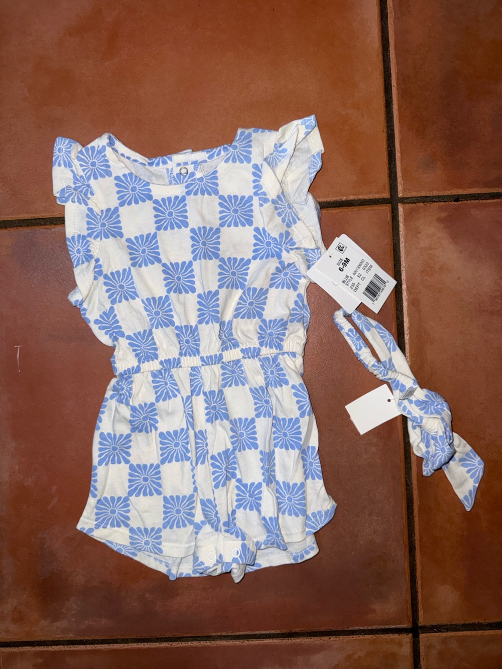 Girls' Blue Floral Check Romper with Headband